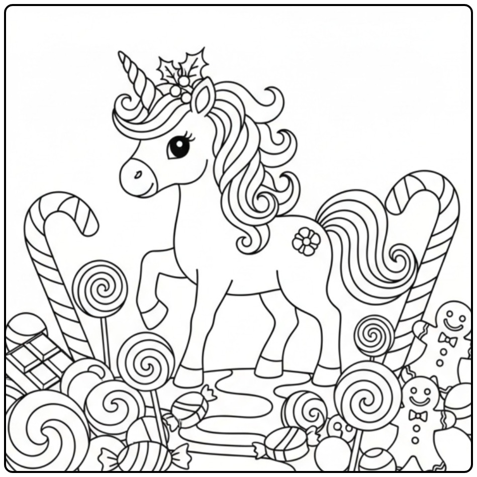 Kleurplaat Kerst eenhoorn met zuurstokken en snoep, feestelijke magie!