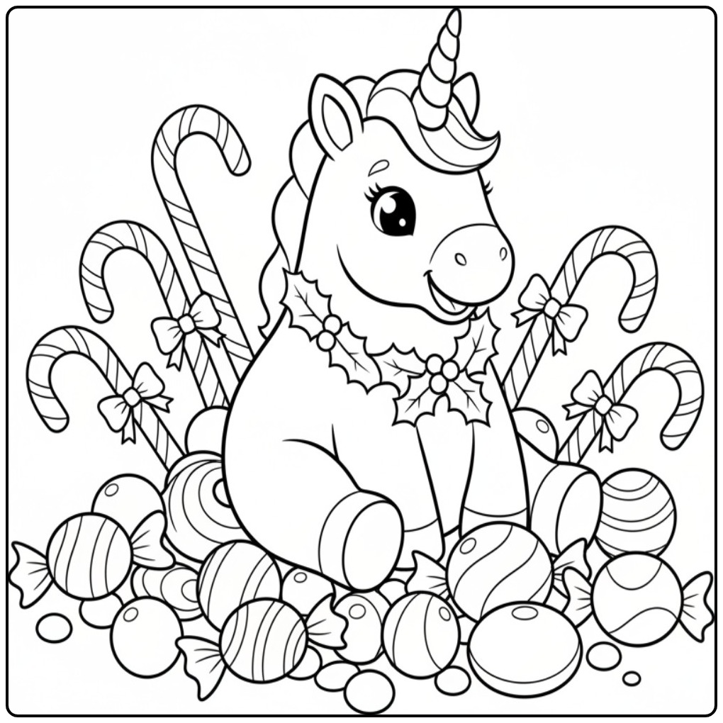 Kleurplaat: Kerst eenhoorn met zuurstokken en snoep kleurplaat pret!