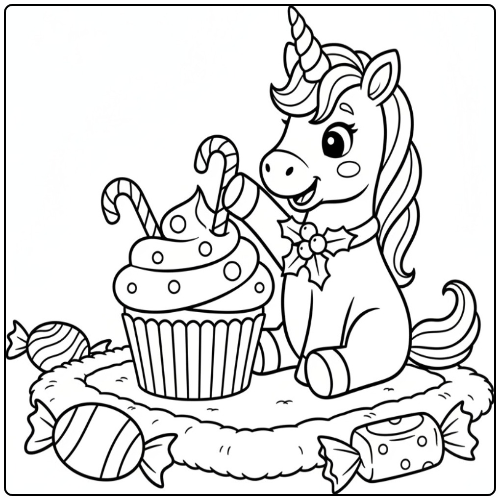 Kleur de Kerst eenhoorn met zuurstokken en snoep kleurplaat in!