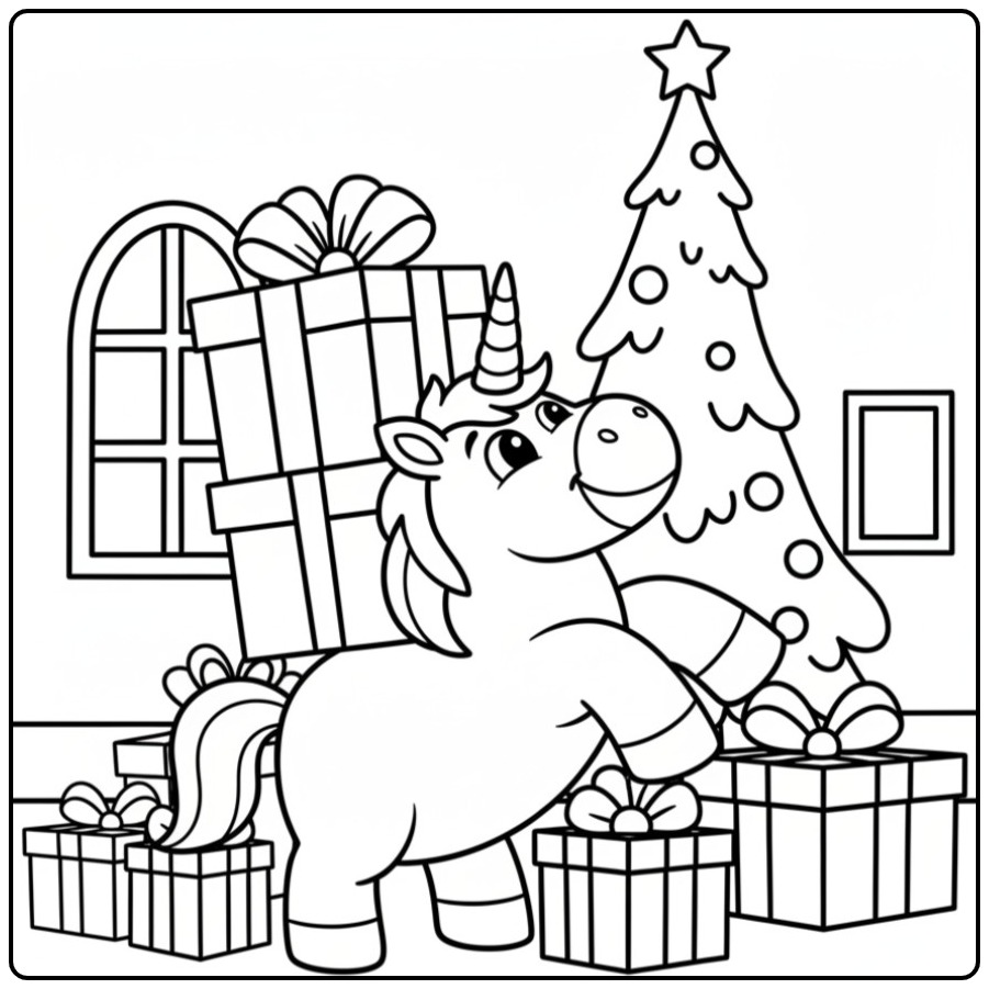 Kleur de Kerst eenhoorn onder de kerstboom kleurplaat in!