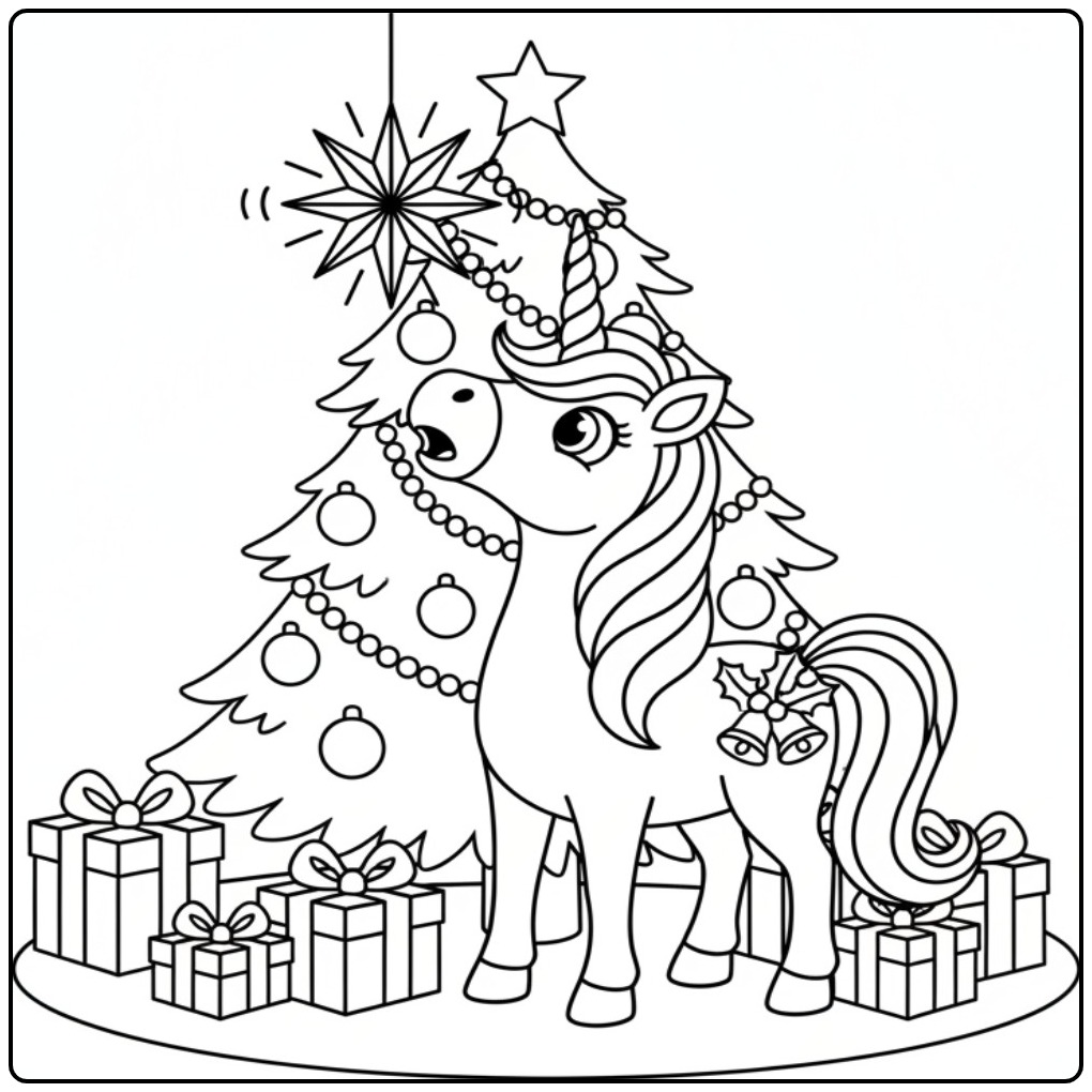 Kleur de Kerst eenhoorn onder de kerstboom kleurplaat in!