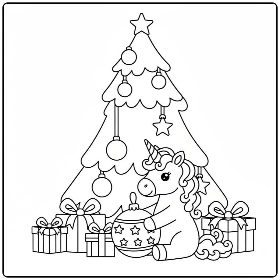 Kleur de Kerst eenhoorn onder de kerstboom kleurplaat in!