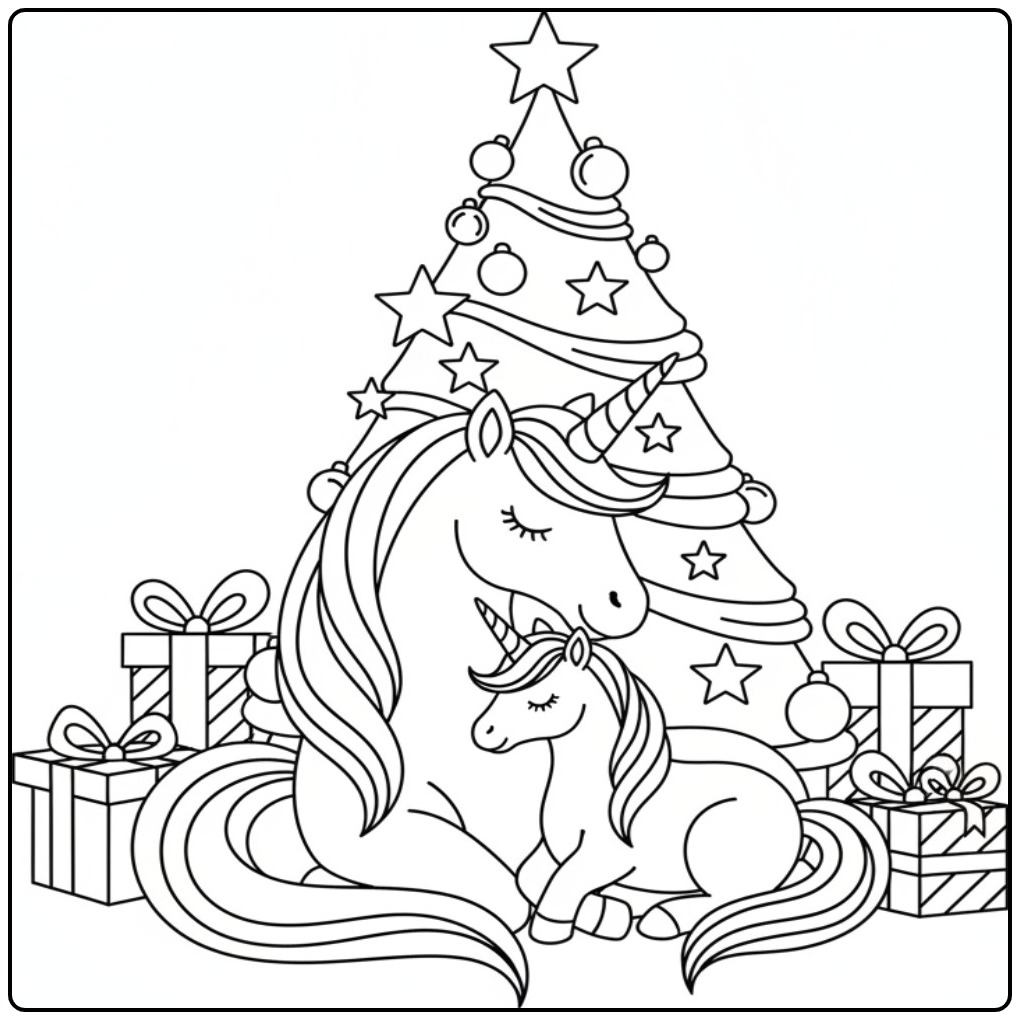 Kleurplaat met Kerst eenhoorn onder de kerstboom kleurplaat