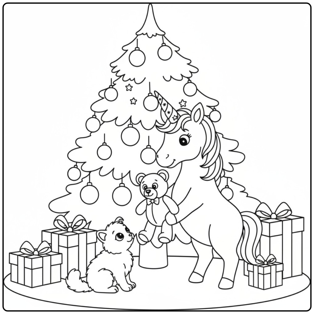 Kleurplaat: Kerst eenhoorn onder de kerstboom kleurplaat met puppy!