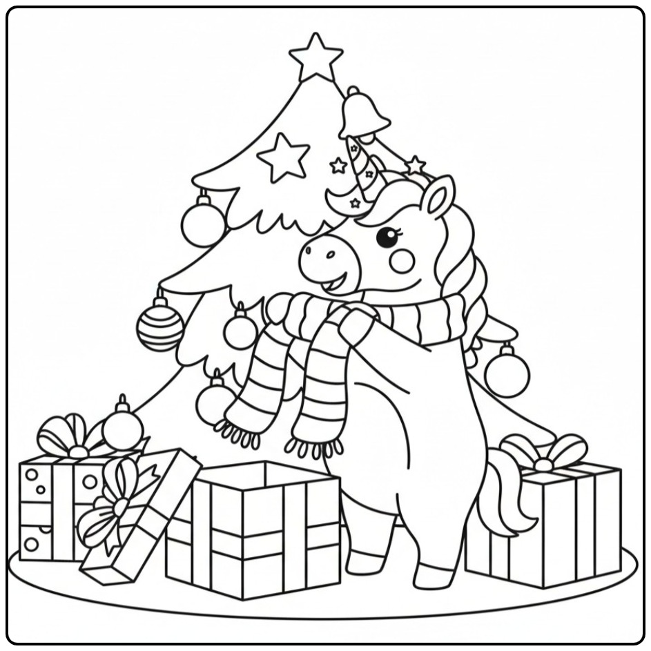 Kleurplaat Kerst eenhoorn onder de kerstboom met cadeautjes.