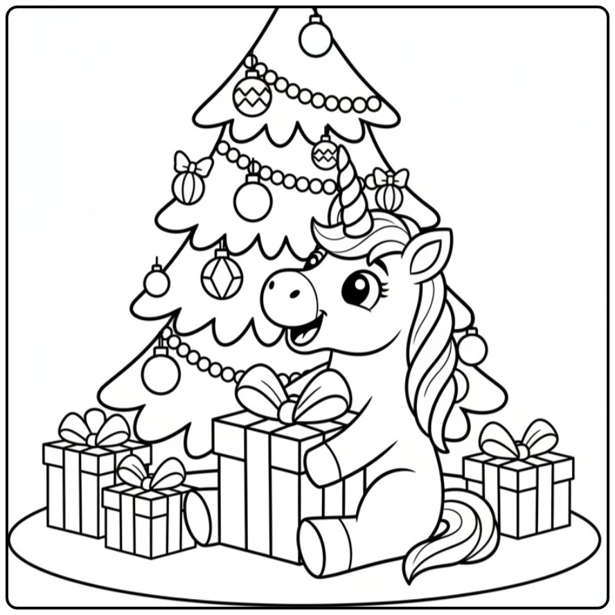 Kleurplaat: Kerst eenhoorn onder de kerstboom kleurplaat met pakjes.