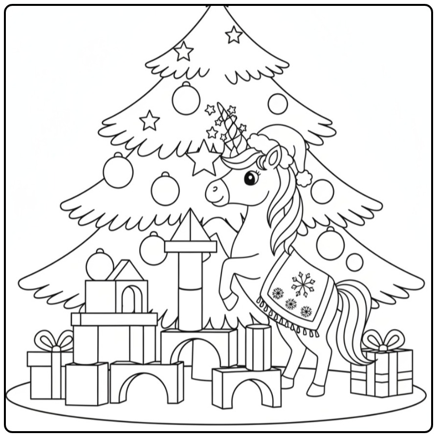 Kleur de Kerst eenhoorn onder de kerstboom kleurplaat in!