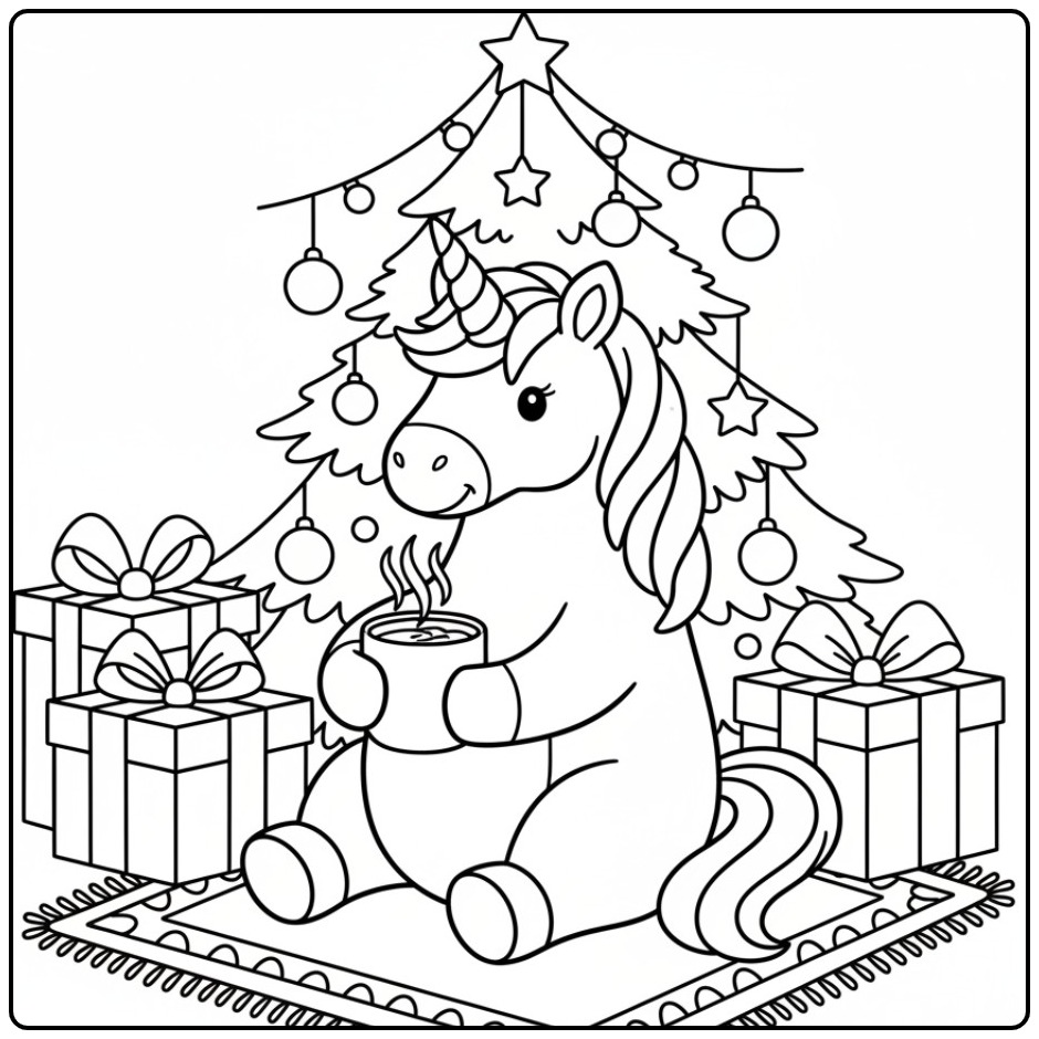 Kleurplaat: Kerst eenhoorn onder de kerstboom kleurplaat!