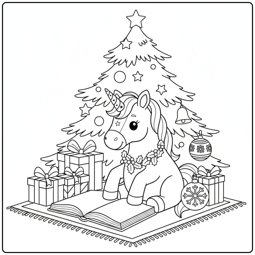 Kleur de Kerst eenhoorn onder de kerstboom kleurplaat in!