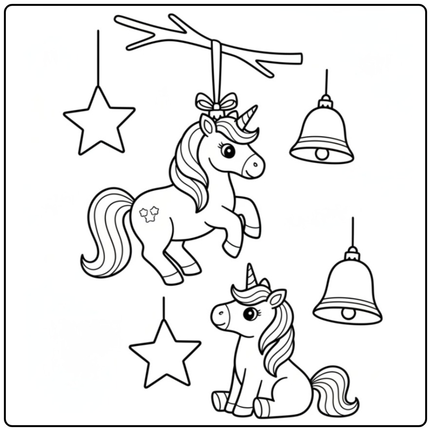 Kleurplaat van Kerst eenhoorn ornamenten en versieringen voor kinderen