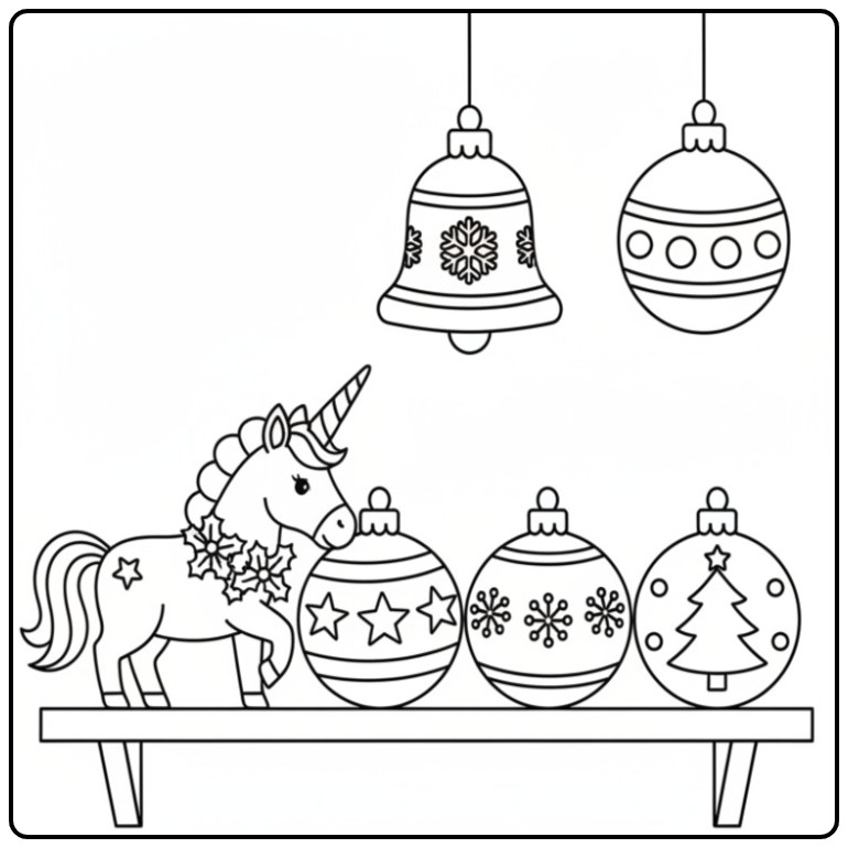 Kleur Kerst eenhoorn ornamenten en versieringen kleurplaat nu in!