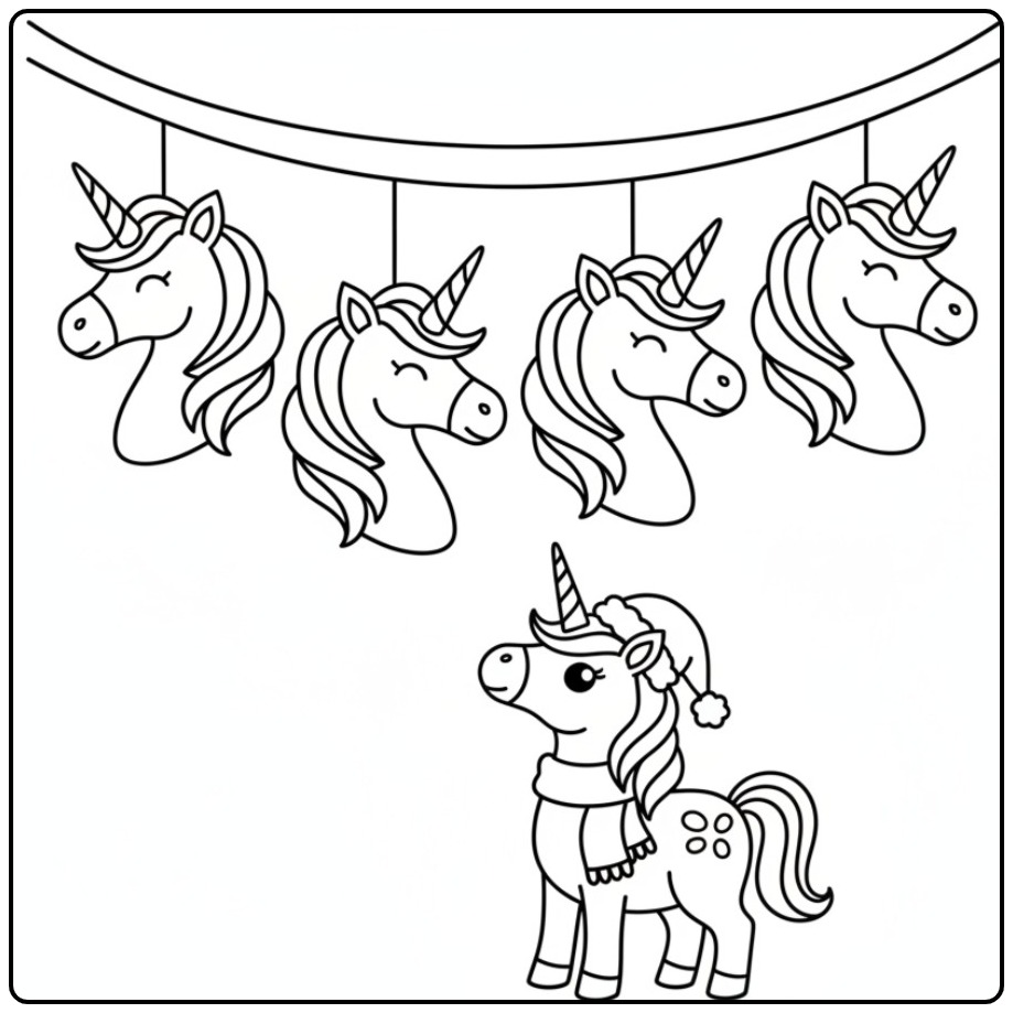 Kleur Kerst eenhoorn ornamenten en versieringen kleurplaat. Eenhoorn feest!