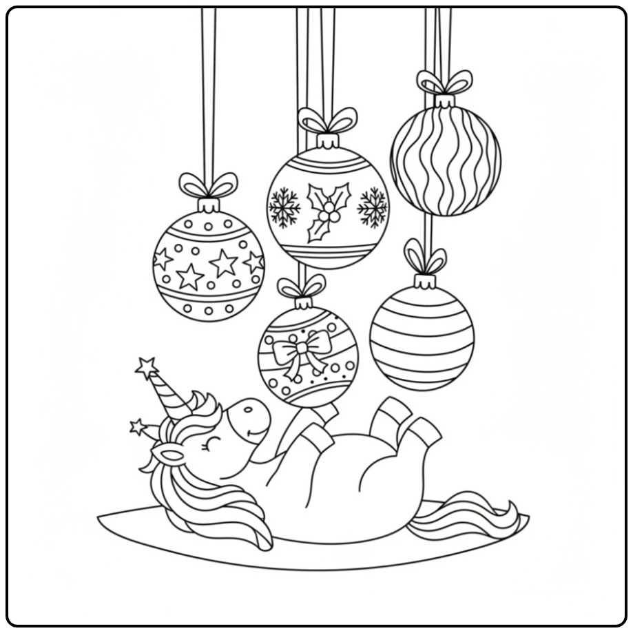 Kleur Kerst eenhoorn ornamenten en versieringen kleurplaat feestelijk