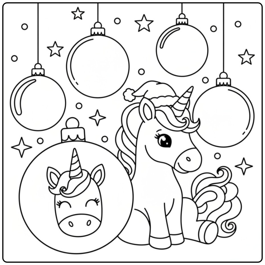 Kleur de Kerst eenhoorn ornamenten en versieringen kleurplaat in!