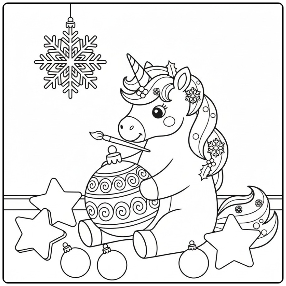 Kleurplaat: Kerst eenhoorn ornamenten en versieringen voor de feestdagen!