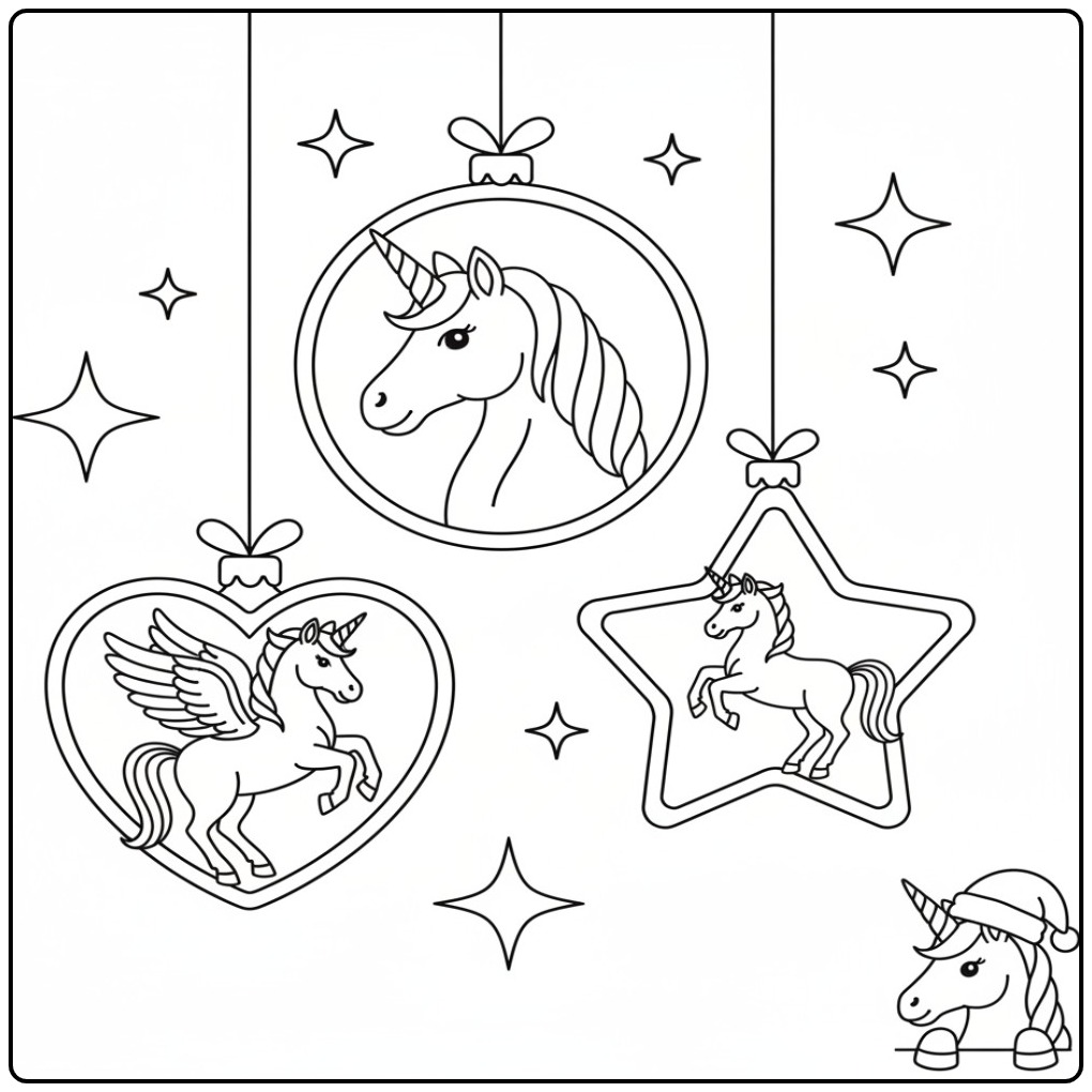 Kleur de Kerst eenhoorn ornamenten en versieringen kleurplaat nu in!