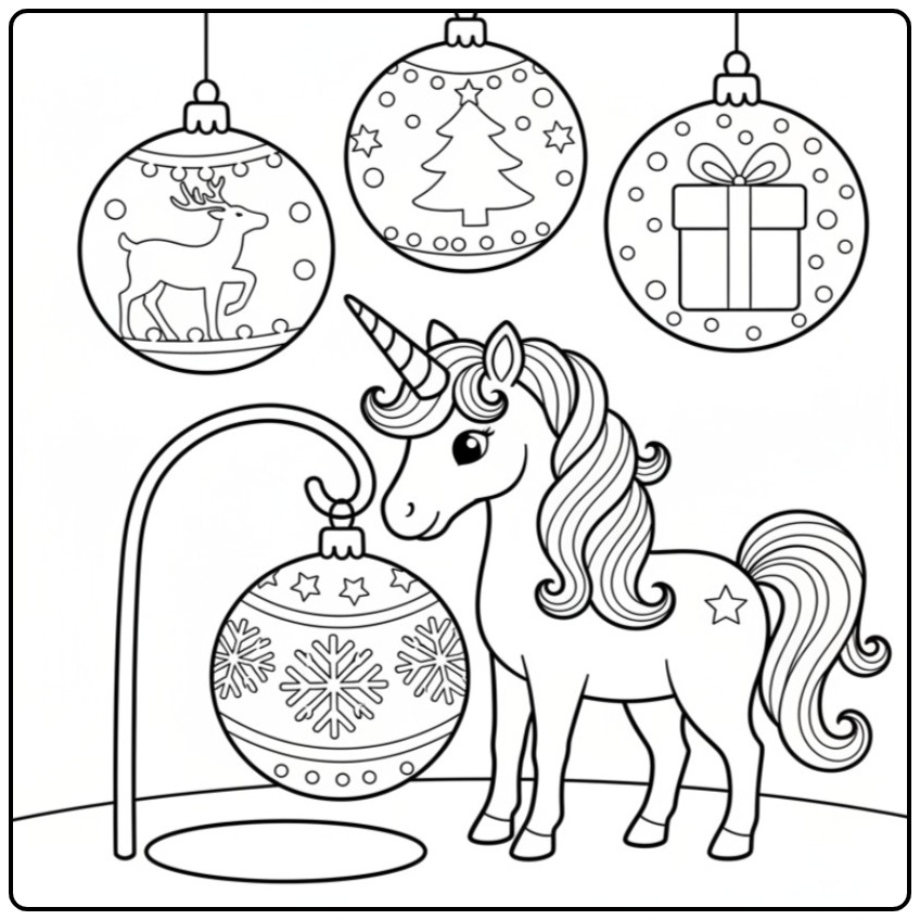Kleur de Kerst eenhoorn ornamenten en versieringen kleurplaat nu in!