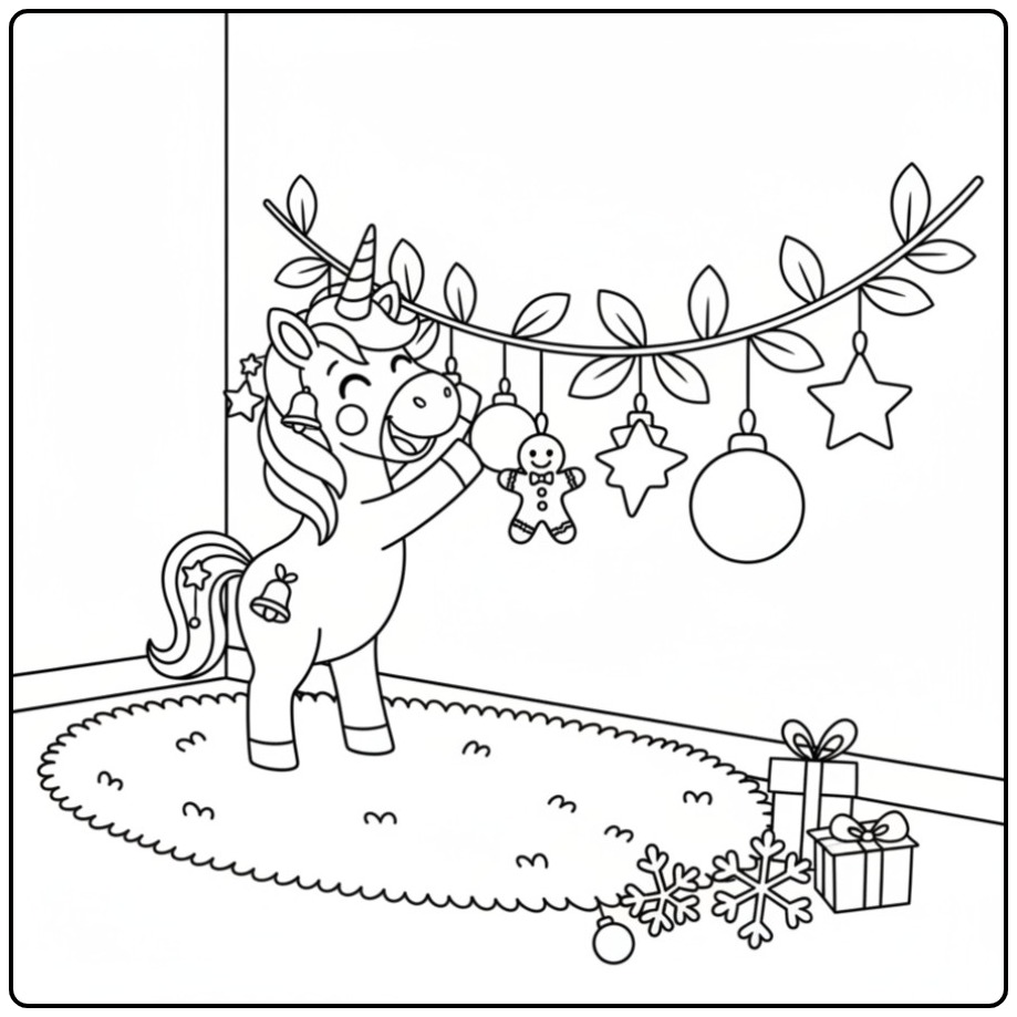 Kleurplaat Kerst eenhoorn ornamenten en versieringen voor de feestdagen.