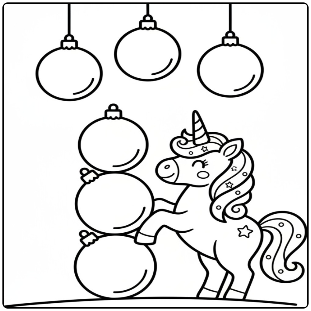 Kleurplaat Kerst eenhoorn ornamenten en versieringen voor de feestdagen