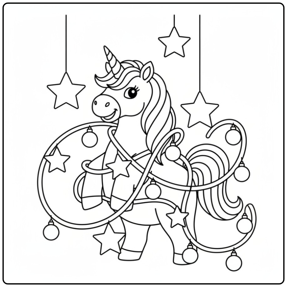 Kleurplaat Kerst eenhoorn ornamenten en versieringen feestdagen.