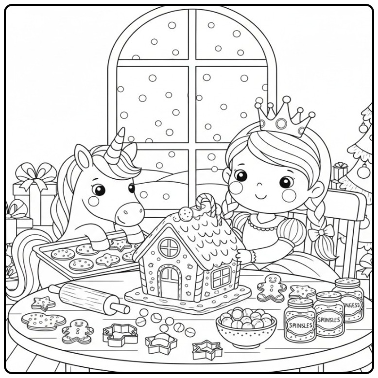 Een schattige Kerst prinses eenhoorn kleurplaat met koekjes.