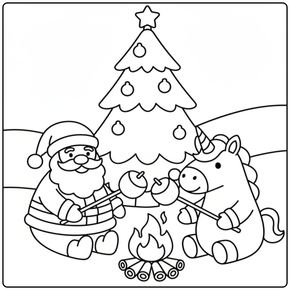 Kleur Kerstman en kerst eenhoorn kleurplaat feestelijk moment.