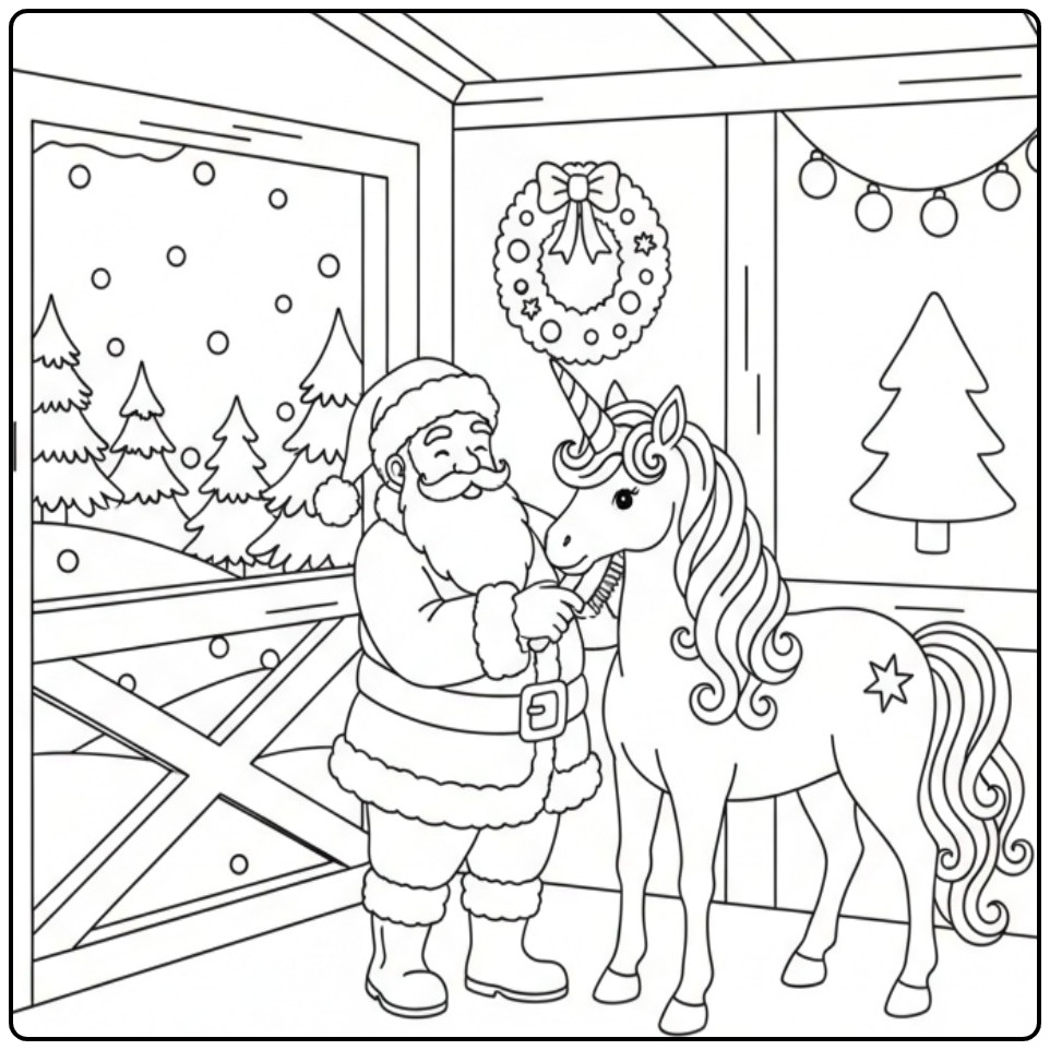 Kerstman en kerst eenhoorn kleurplaat. Santa met een magische eenhoorn!