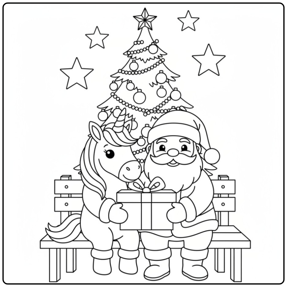 Kerstman en kerst eenhoorn kleurplaat samen op een bankje