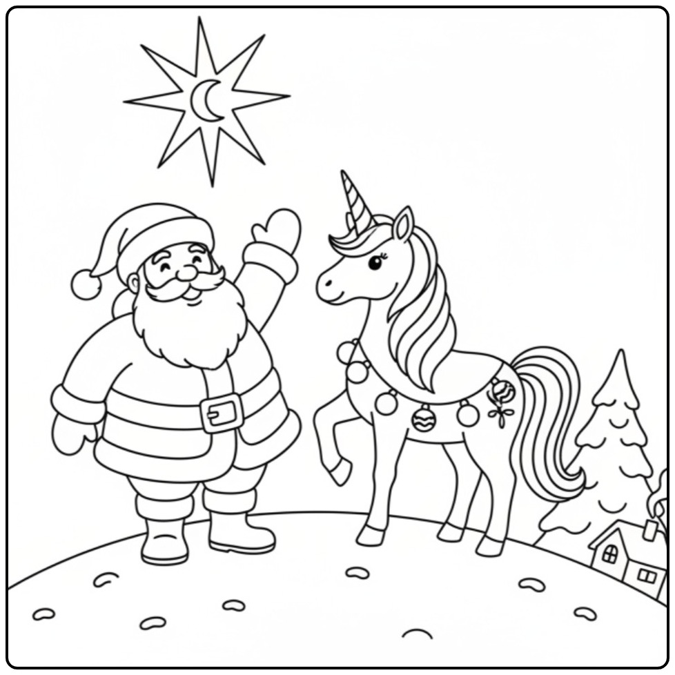Kleurplaat: Kerstman en kerst eenhoorn kleurplaat avontuur!