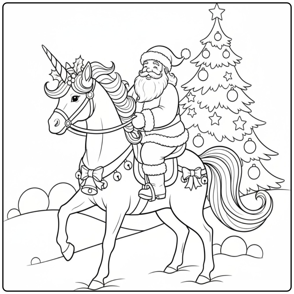 Kerstman en kerst eenhoorn kleurplaat! Wat een magische rit!