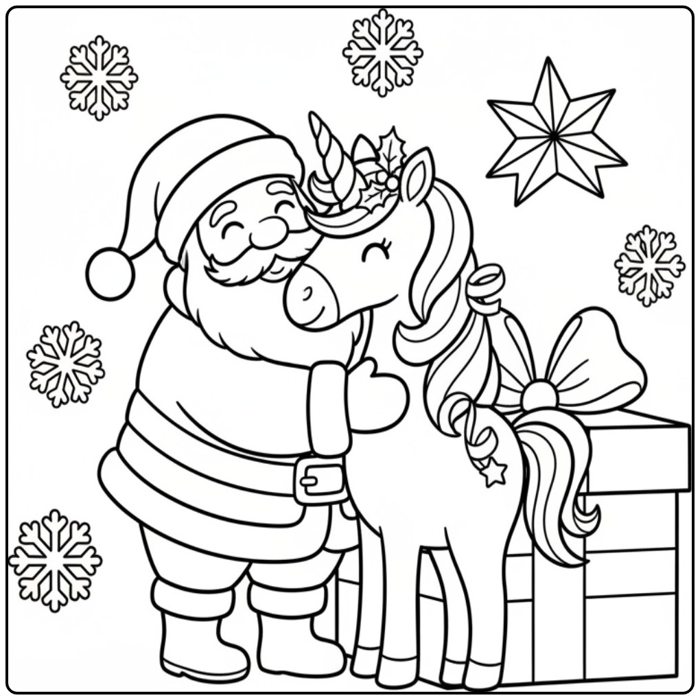 Kleurplaat met Kerstman en kerst eenhoorn kleurplaat knuffelen