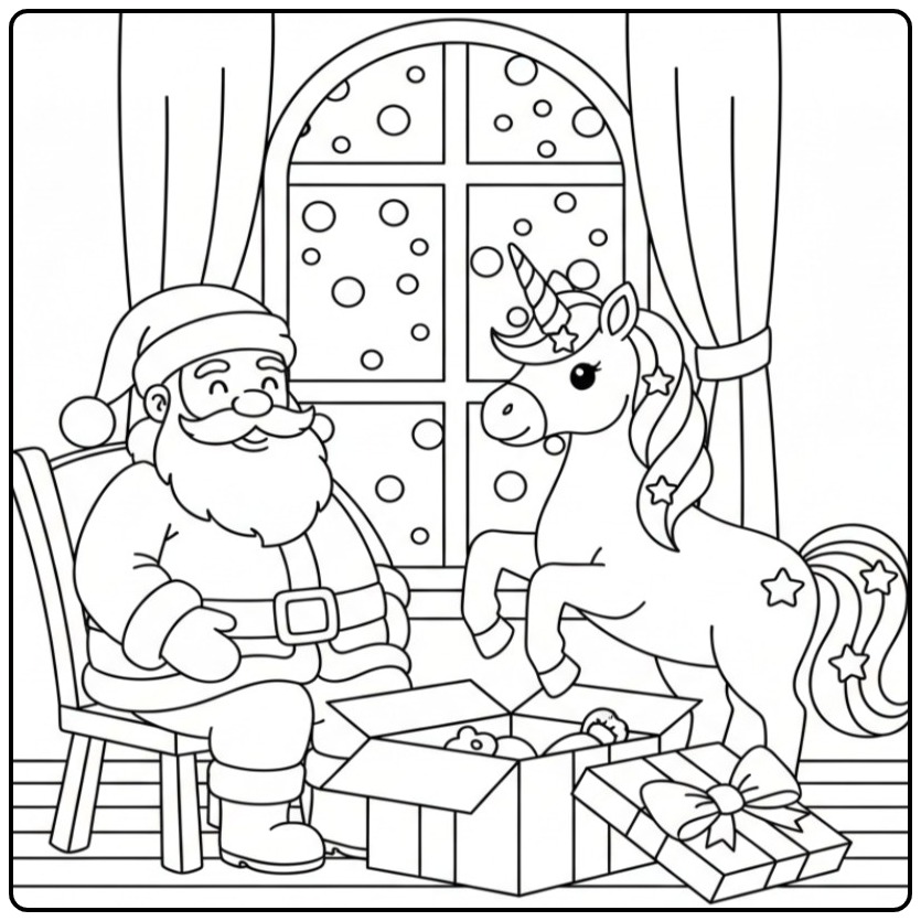 Kleur Kerstman en kerst eenhoorn kleurplaat feestelijke scene.