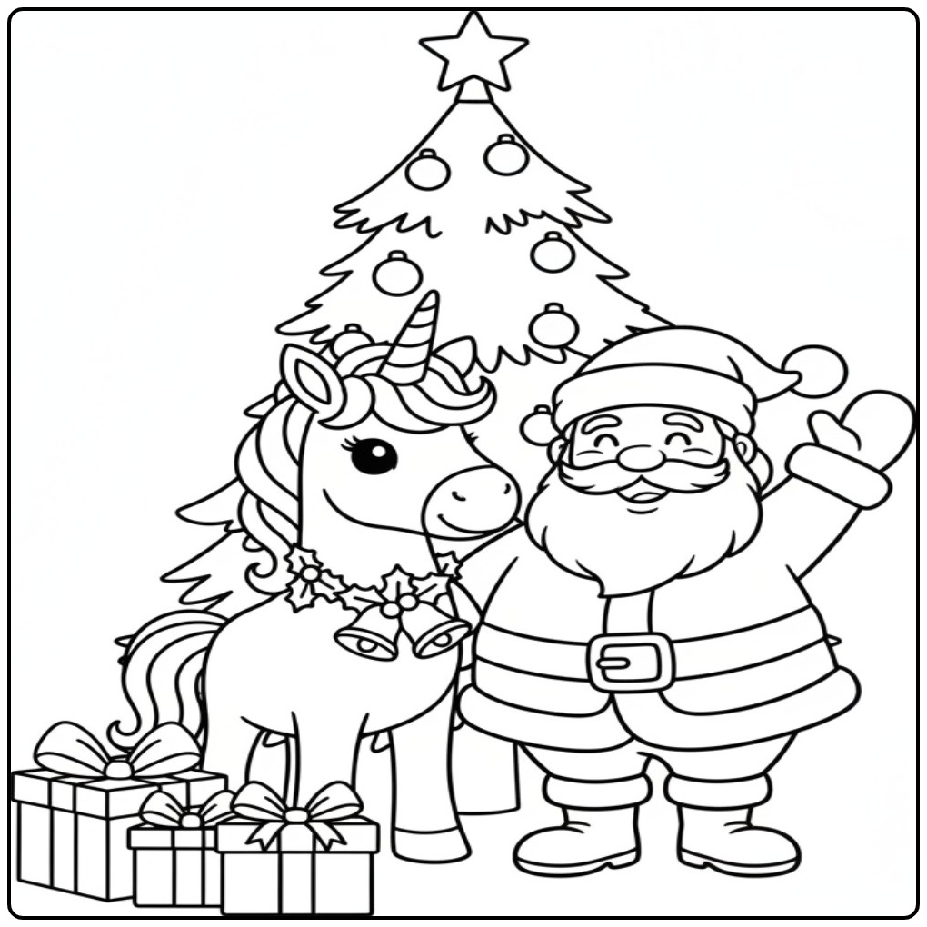Kerstman en kerst eenhoorn kleurplaat met kerstboom en cadeaus!