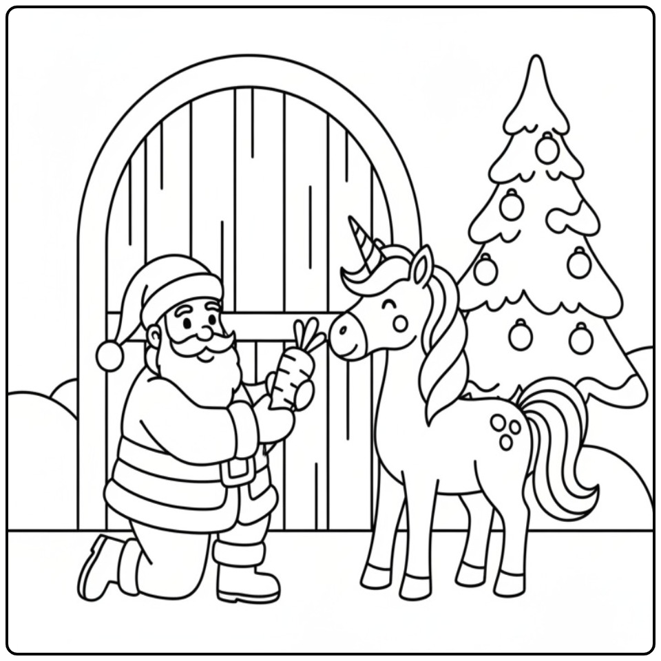 Kerstman en kerst eenhoorn kleurplaat voor vrolijke kleuren.