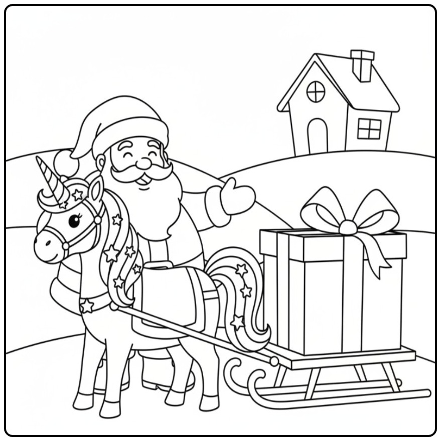 Kleurplaat: Kerstman en kerst eenhoorn kleurplaat met slee en cadeau!