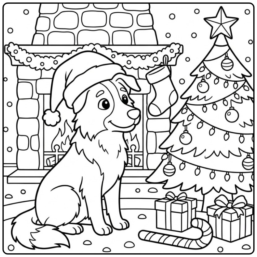 Een vrolijke kleurplaat border collie met kerstmuts en boom.