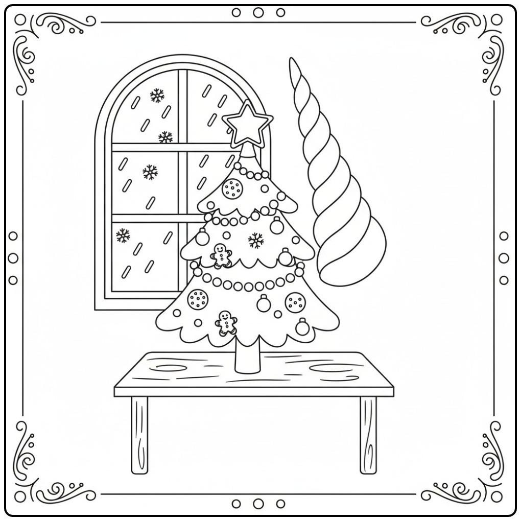 Kleurplaat eenhoorn hoorn kerst boom en een magisch raam.