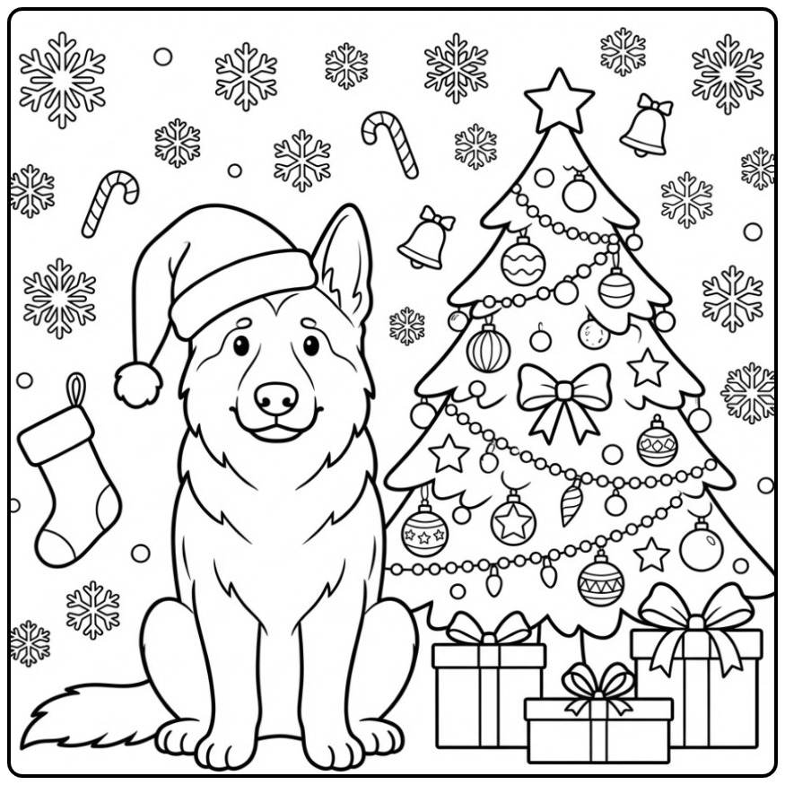 Vrolijke kerstmis kleurplaat duitse herder naast de kerstboom.