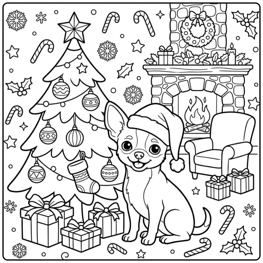 Schattige kerstmis kleurplaat chihuahua bij de haard.