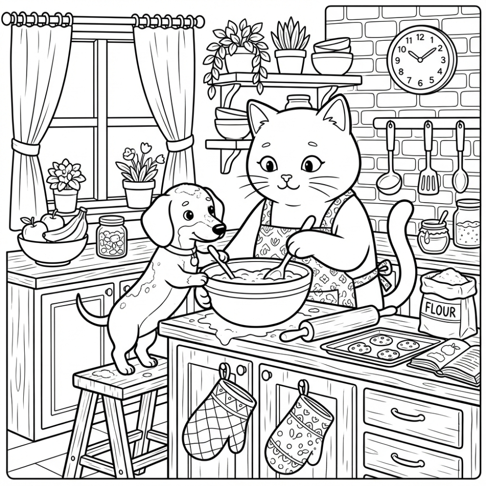 Schattige kleurplaat puppy en kat bakken koekjes in de keuken.