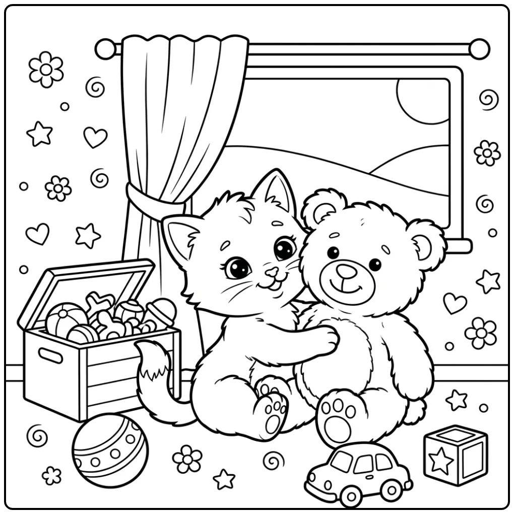 Leuke kitten kleurplaat makkelijk met knuffelbeer en speelgoed.