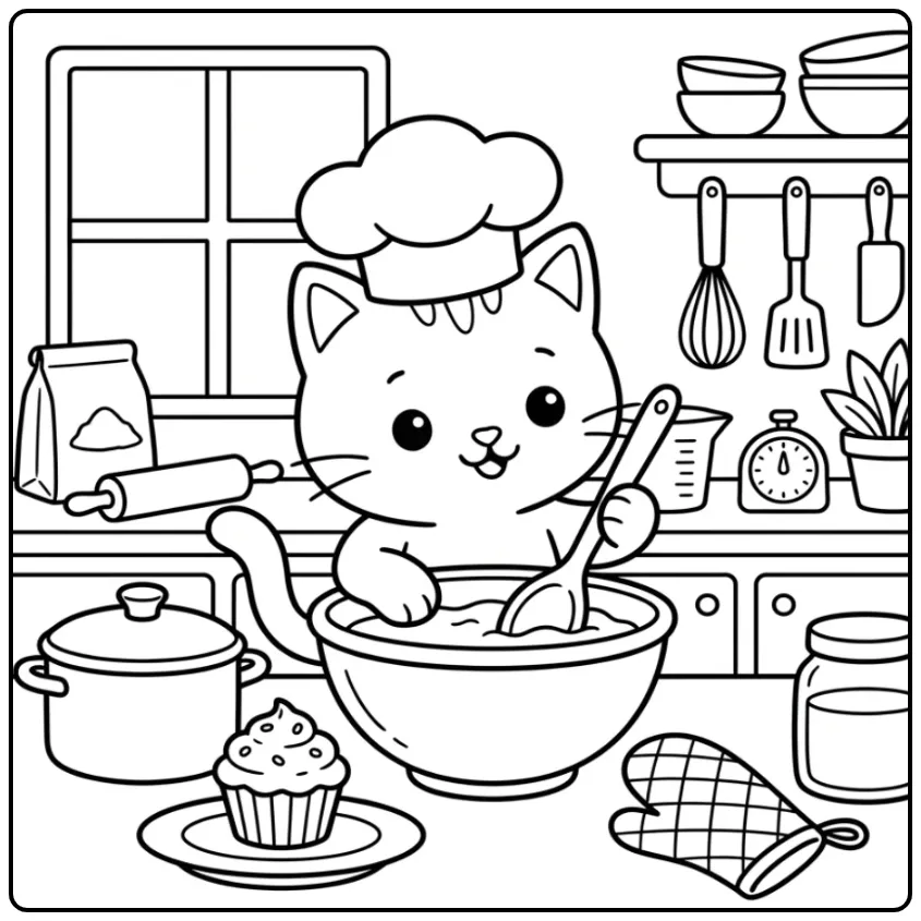 Schattige kitten kleurplaat makkelijk met koksmuts en lepel.