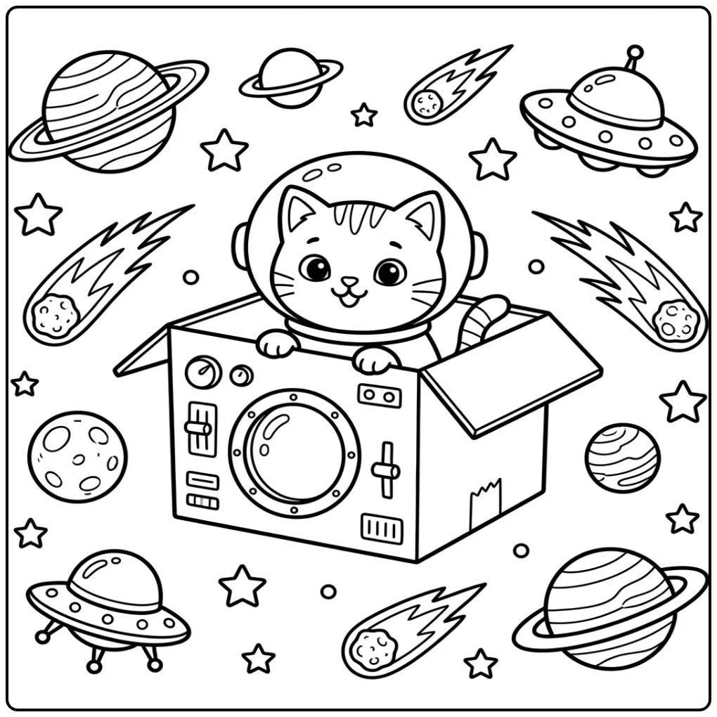 Schattige astronaut kitten kleurplaat makkelijk in een doos.