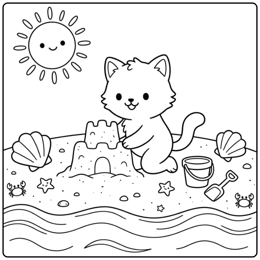 Schattige kitten kleurplaat makkelijk met zandkasteel en zon.