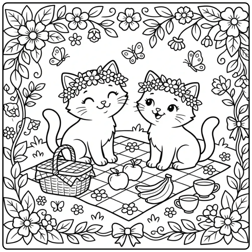 Schattige kitten kleurplaat makkelijk met picknick en fruit.