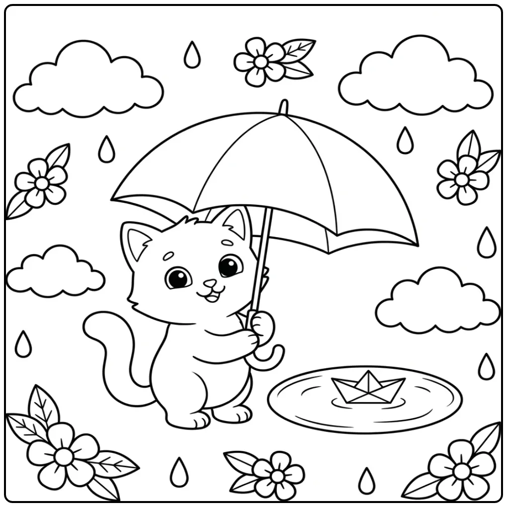 Een schattige kitten kleurplaat makkelijk met paraplu en boot.