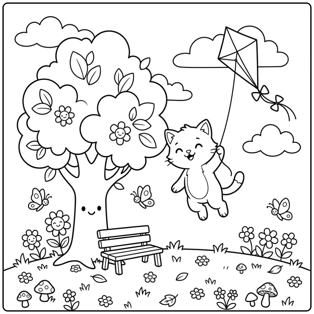 Schattige kitten kleurplaat makkelijk met een vlieger.