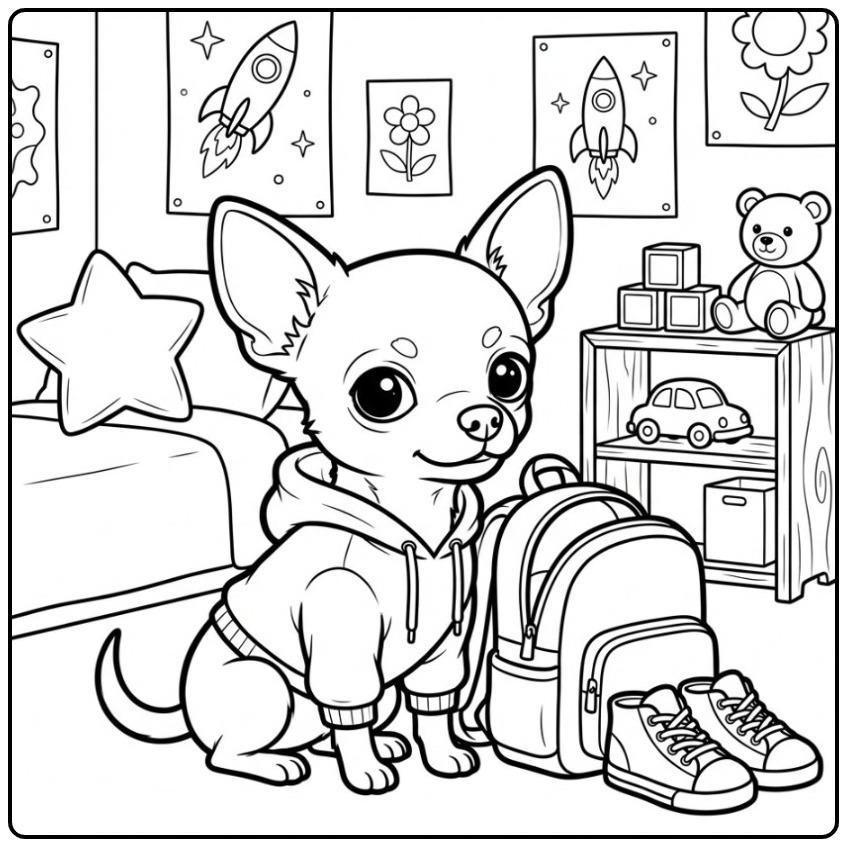 Stoere kleurplaat chihuahua met een hoodie en een rugzak.