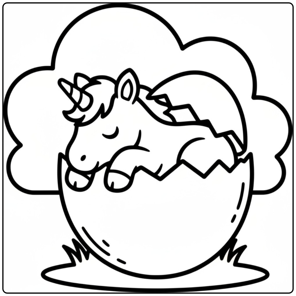 Schattige Baby unicorn Pasen kleurplaat in een ei, klaar om in te kleuren!