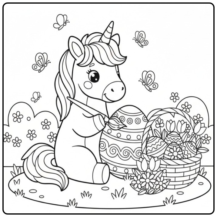 Een Schattige unicorn paaskleurplaat die een groot paasei verft.